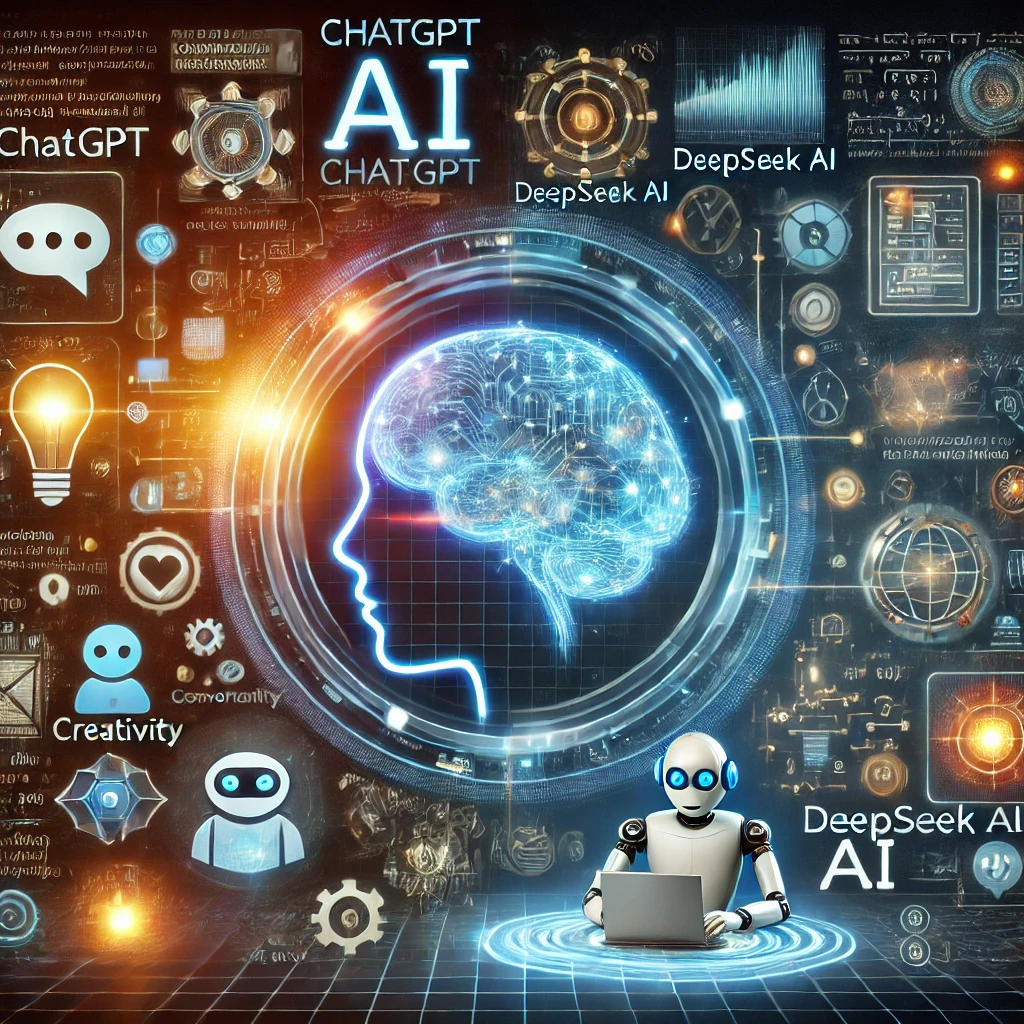 Difference Between 2 AI ChatGPT & DeepSeek 21 DALL·E 2025 03 04 14.47.58 A futuristic digital concept image comparing ChatGPT and DeepSeek AI. On the left side ChatGPT is represented with a glowing AI brain surrounded by DALL·E 2025 03 04 14.47.58 A futuristic digital concept image comparing ChatGPT and DeepSeek AI. On the left side ChatGPT is represented with a glowing AI brain surrounded by